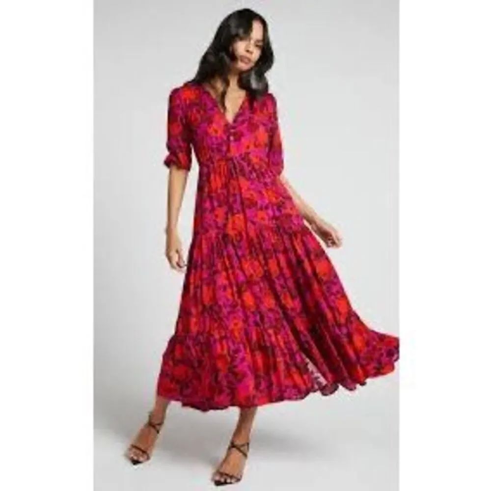 Showpo Pink Red Floral V-Neck Waiting So Long Thigh Split Peasant Dress Size 2